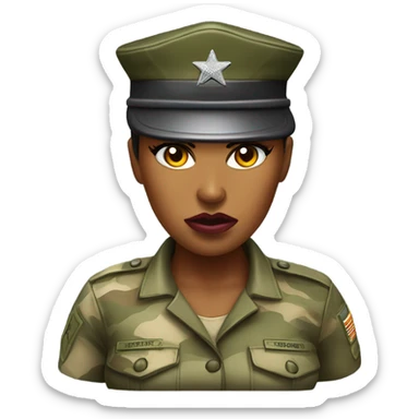 a female drill sergeant character wearing a classic sergeant hat and a camouflage army shirt. The character should have an angry intense expression. full torso sticker