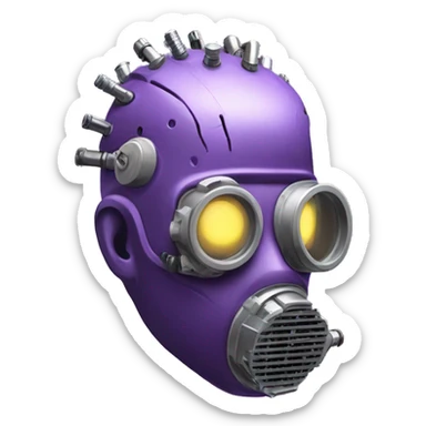 Purple mohawk cyborg head with grey respirator mask and circuits sticker