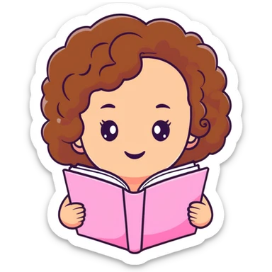 girly character with brown soft curly hair reading a pink book sticker