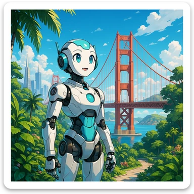 Anime-style AI robot in a futuristic San Francisco paradise, lush greenery, blue skies, hopeful atmosphere sticker