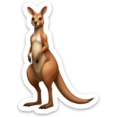 Full-body Australian Kangaroo – Cinematic-realistic Australian kangaroo, standing tall with powerful hind legs and a muscular tail for balance. Its reddish-brown fur glows under the golden sunlight, ears perked and eyes alert. The rugged outback stretches behind it, with dry grass and scattered eucalyptus trees completing the iconic scene. sticker