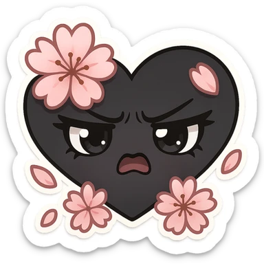 goth sakura heart, black heart with pink cherry blossom petals, cute and dramatic sticker