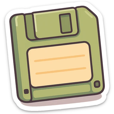 Add clear, graphic shadows and highlights to the olive green floppy disk with a beige label in pastel toon style. No face, just a simple drawing with bold outlines. Place shadows and highlights where appropriate to create a sense of volume. No background. sticker