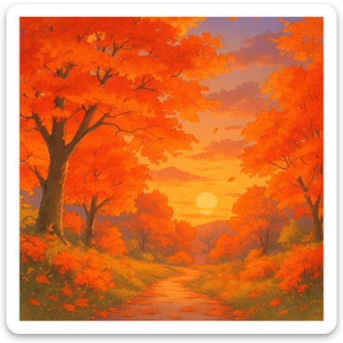 fall season sunset with vibrant autumn colors, colorful leaves, cozy atmosphere in ghibli style sticker