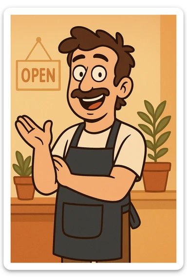 business owner, casual, friendly, approachable style, warm and inviting illustration sticker