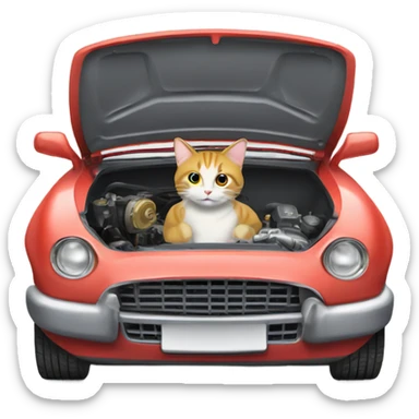 A cartoon emoji-style car with a curious cat peeking out from the open hood of the engine compartment. sticker