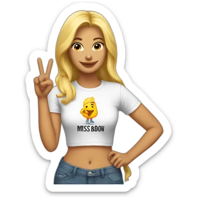 A blonde making the peace sign and wearing a t-shirt with the text "Miss Bourbon" sticker
