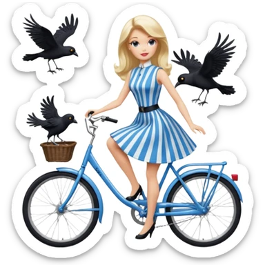 Blonde Silkstone Barbie enid sinclair from academy in blue and black vertically-striped classic dress riding bikes with crows sticker