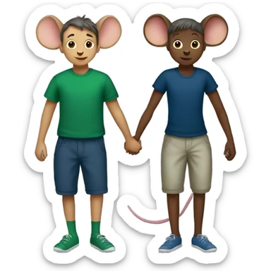 Two mice hold hands. one (boy) wears a dark blue T-shirt, the other (girl) wears a green leotard. no pants.  sticker