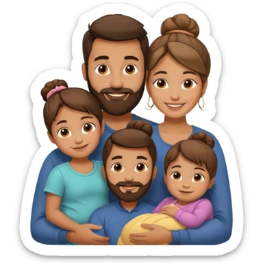 brown family of 5. mom has bun. dad has beard. teenage daughter. toddler son. and baby sticker