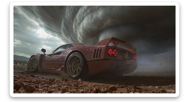 Cinematic still of a ferrari f40 around tornado od arizona desert, sun flare, captured by gopro hero with effect fisheye, water drops on car body, detailed, inspired by interstellar look, captured by a arri alexa sticker