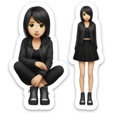 full body Front view emo girl sits on the floor black skirt sticker