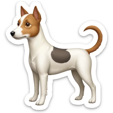 a full body large white parson russell looking dog the size of a kelpie with light brown ears and a light brown patch on one eye and a large snout sticker