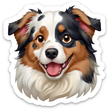 Cinematic Cute Yawning Calico Australian Shepherd Portrait Emoji, Head tilted slightly with a dramatic, wide-open yawn, predominantly white coat with vibrant black, tan, and red calico merle patches, floppy ears slightly drooping, round blue eyes barely open in drowsy contentment, Simplified yet irresistibly adorable features, highly detailed, glowing with a soft, cozy glow, high shine, relaxed yet expressive, stylized with a touch of whimsy, bright and endearing, soft glowing outline, capturing the essence of a sleepy yet affectionate pup, so drowsy it feels like it could stretch right out of the screen and curl up for a nap! sticker