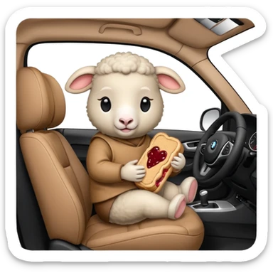 cute baby sheep eating peanut butter and jelly driving in a bmw x1, holding a peanut butter and jelly in hand sticker