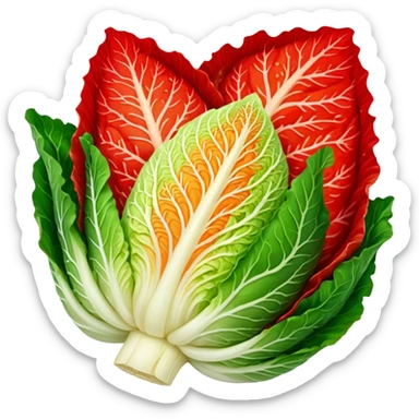 napa cabbage leaves, every surface covered in kimchi red seasoning, no green, no face sticker