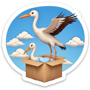 stork flying with a human baby in a bundle, paper craft style sticker