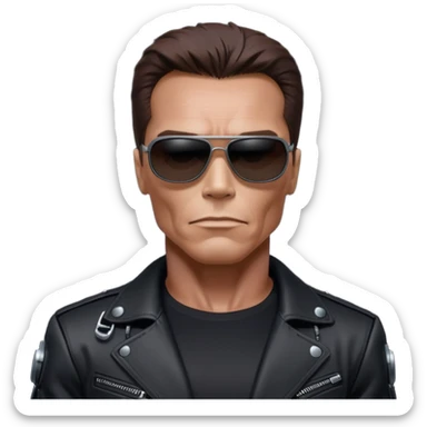 Schwarzenegger-like Terminator, upper body only, wearing his iconic clothes in black (all clothes must be black), looking human but with robotic details, and wearing dark sunglasses, hair must be dark
 sticker