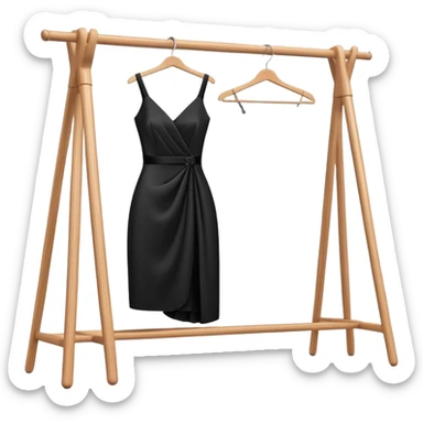 wooden clothes rack with a sleek black cocktail dress sticker