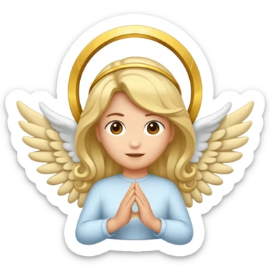 "Um emoji de anjo com cabelos loiros, um halo, asas, segurando um sinal de 'compartilhar' em letras em negrito." sticker