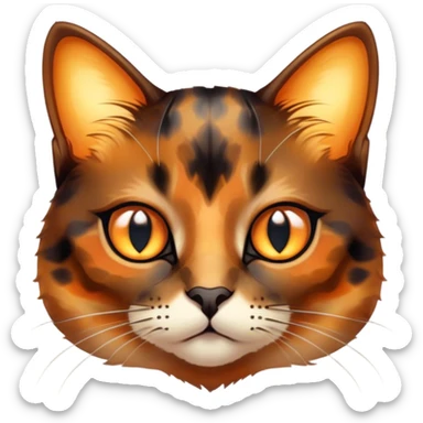 Cinematic Cute Tortoiseshell Cat Portrait Emoji, Head cocked sweetly with bright, curious eyes and a cuddly, mottled fur of rich browns and blacks, simplified yet charmingly adorable, highly detailed, glowing with a warm, gentle radiance, high shine, playful and endearing, styled with a dash of whimsical feline magic, soft glowing outline, capturing the essence of a cute tortoiseshell cat that seems ready to pounce with affectionate mischief! sticker