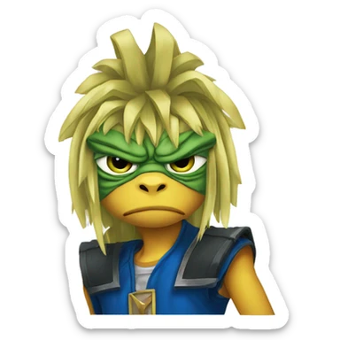 Pepe looking like yugi from Yu-Gi-Oh! with a duel disk looking sad sticker