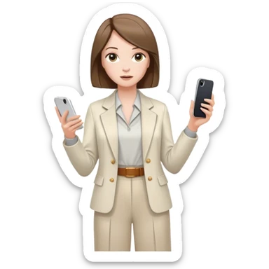 pale skin woman with brown Straightened bob Hair, White Spacious classical jacket, beige palazzo Arrow pants and gray blouse holding white IPhone 14 pro in the hands sticker