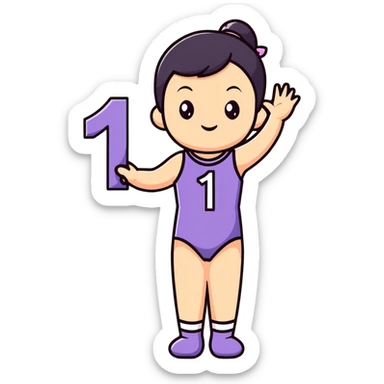 Girl in leotard holding number 1 sticker