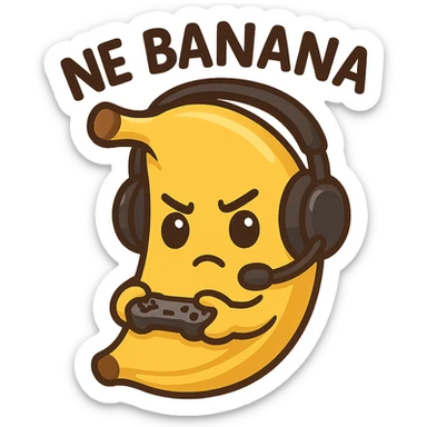 Cartoon banana wearing headset, holding tiny controller, focused expression, text above: "NE BANANA", chibi style, Twitch emoji style, transparent background, colorful sticker
