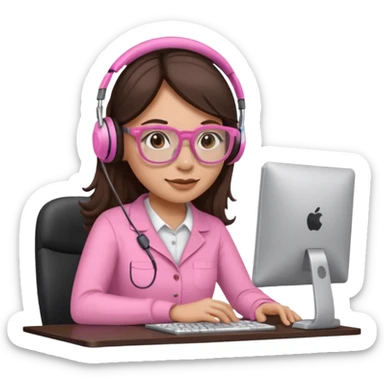 woman emoji with light pink glasses working on computer, light skin, long dark brown hair sticker