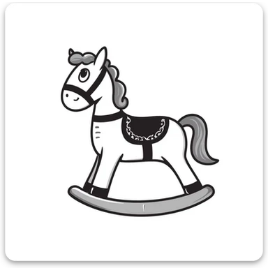 A hand-drawn toy rocking horse with western details and a cute face sticker