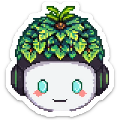 Green bomberman head only, round helmet with leaf-like antenna, cute white face, friendly eyes, pixel art style sticker