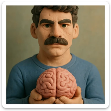 Make the claymation man holding a brain look younger with a more chiseled face, keeping the dark curly hair, thick mustache, light skin, and claymation style with visible fingerprints and pastel colors. sticker