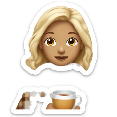 Blonde girl with tan skin wearing a blanket with a cup of tea sticker