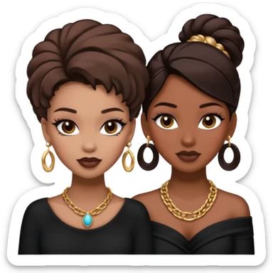 Boujy baddie best friends, trendy heavy makeup both dark hair one light skinned and one mocha brown pretty hair style both wearing black and earrings and necklace one mocha brown skin sticker