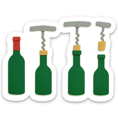 a single scene showing multiple sequential stages of steel wine bottle opening in paper craft style: capsule removal, opener insertion, cork pulling, cork fully removed, no background sticker