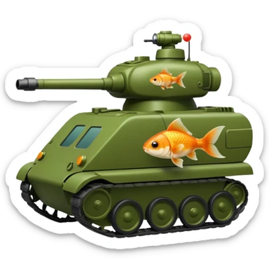 goldfish as tank commander in a green army tank, iOS emoji style sticker