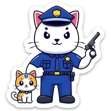 a police officer standing next to a mischievous cat holding a toy gun sticker