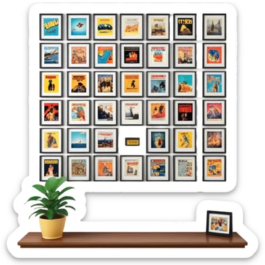 Icon for Photograph and Poster Collecting: a collection of photographs and movie posters, neatly displayed on a wall or in frames. The icon should evoke the nostalgia and artistic value of collecting rare images and posters. Transparent background. sticker