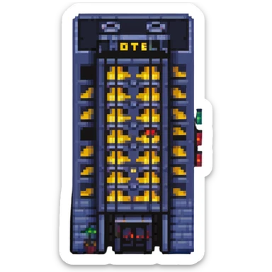 skyscraper hotel with lit windows and entrance sticker