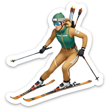 An icon featuring snow-covered trees, distant mountains, and a clear blue sky with a biathlete in motion, holding a rifle and skiing across a snowy course. Transparent background highlights the precision, endurance, and excitement of biathlon. sticker