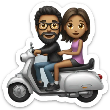 Boy with long hair, beard, and glasses, riding a black scooter with a girl on the back sticker