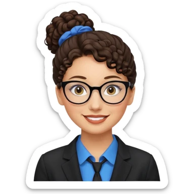 a woman, 30 years old, light skin with dark brown curly hair in a bun with some face framinig pieces. eyeglasses. Black suite on. blue eyes. sticker