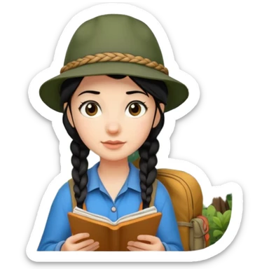 A braid black hair backpacking woman checking her map with curious eyes while wandering in the woods with camping hat sticker