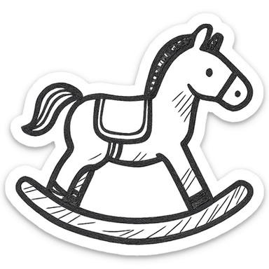 rocking horse, outlined icon style, black lines, no fill, modern and recognizable sticker