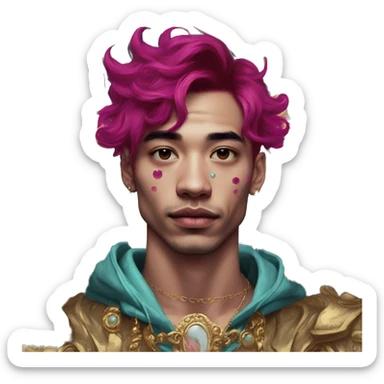 Vintage painting swirls gold jewellery baroque raven wings angel tropical Deep pink maroon burgundy cyan dark hoodie man vitiligo dyed hair gold piercings nose piercing ear piercings sticker