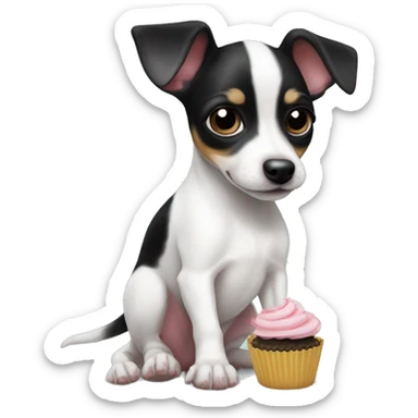 Cute big eyed Black and white rat terrier puppy (no brown) eating a cupcake sticker