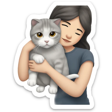 A grey Scottish fold-eared cat in the arms of a girl with white skin and dark hair sticker