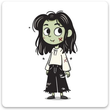 Girl zombie with messy long brown hair, stitches on face, pale green skin, and torn clothes sticker