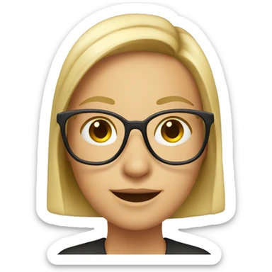 A marketing girl with glasses, just her head, bright, with a smile sticker